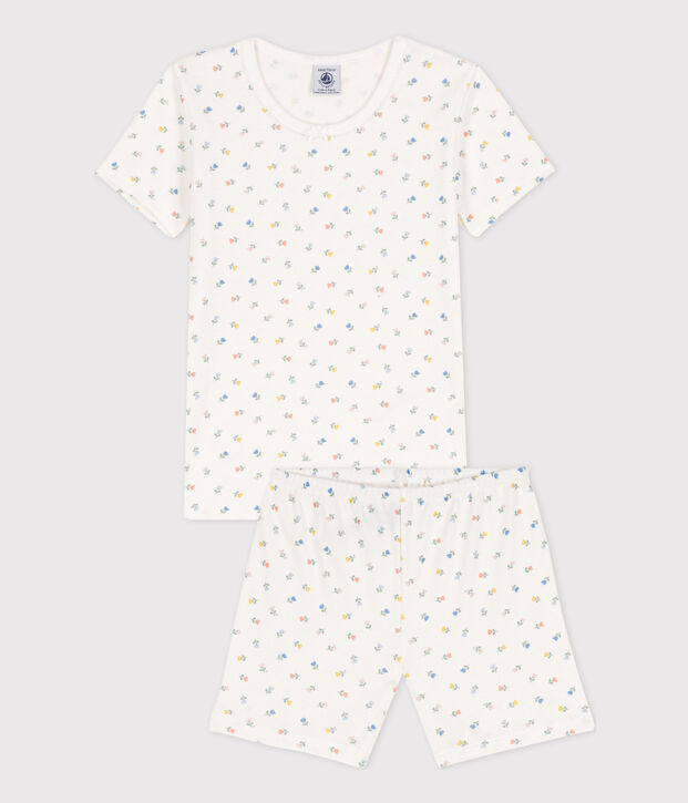Pigiama bambina corto in cotone aderente bianco/multicolore