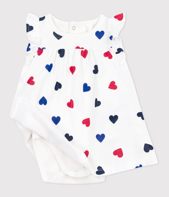 Abito a maniche corte in cotone e body integrato a tre cuori neonata bianco MARSHMALLOW/bianco MULTICO