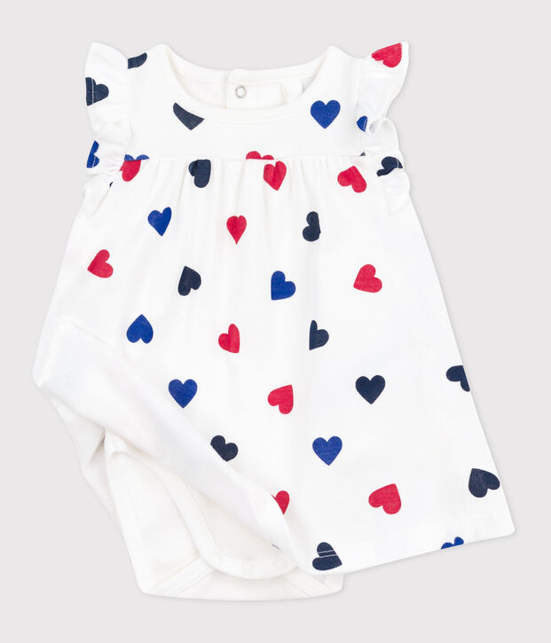 Abito a maniche corte in cotone e body integrato a tre cuori neonata bianco/multicolore