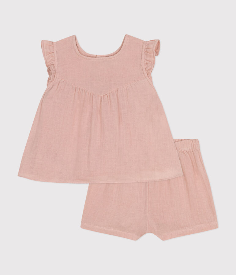 Completo blusa e shorts beb&egrave; in garza di cotone rosa