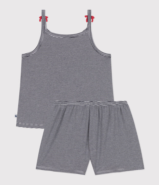 Pigiama corto in cotone a righe con spalline bambina blu/bianco