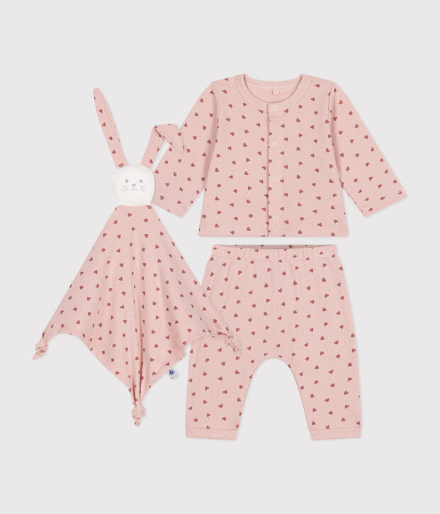 Cofanetto comprendente cardigan, pantaloni e doudou in cotone neonato rosa/rosa