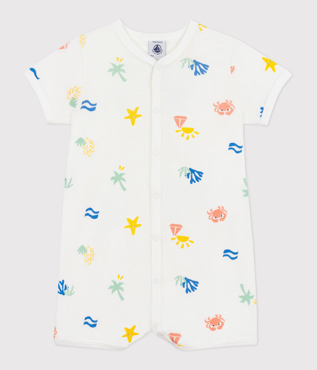 Tutina corta in cotone stampato neonato bianco/multicolore