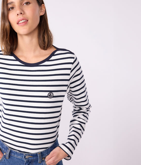 Marinière a maniche lunghe in cotone donna bianco MARSHMALLOW/blu SMOKING