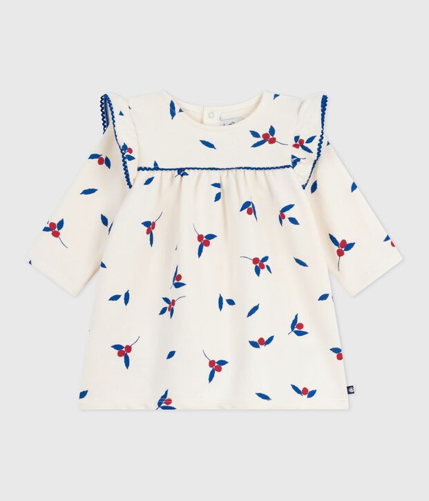 Abito a maniche lunghe in cotone con  bacche stampate neonato ecru/multicolore