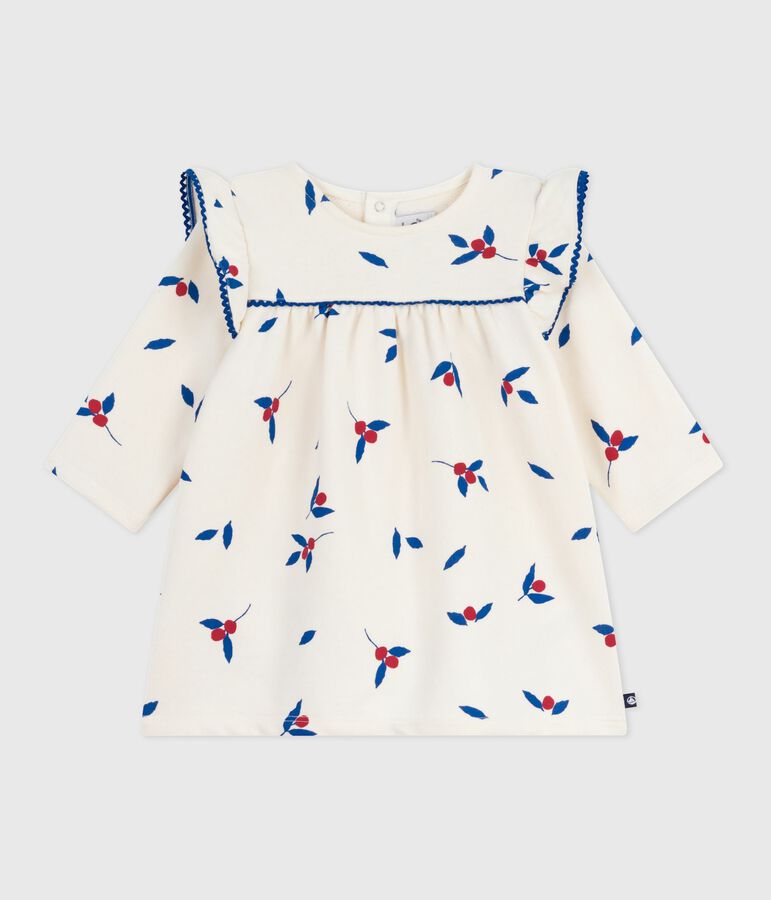 Abito a maniche lunghe in cotone con  bacche stampate neonato ecru/multicolore