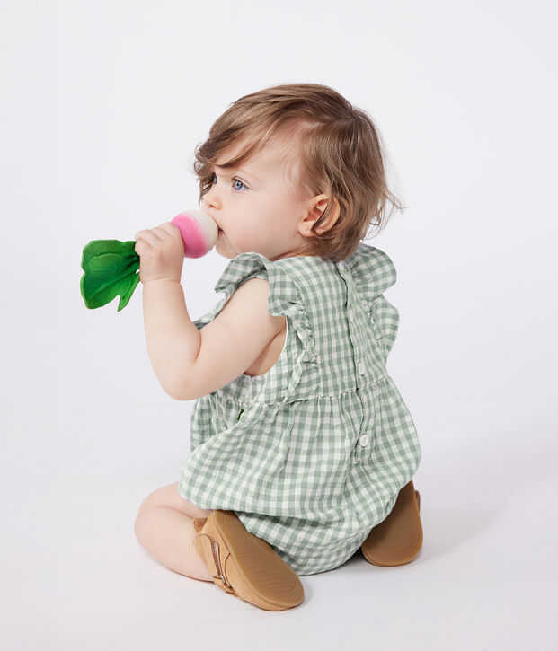 Pagliaccetto neonato senza maniche con stampa a quadretti vichy e scollo ricamato verde/bianco