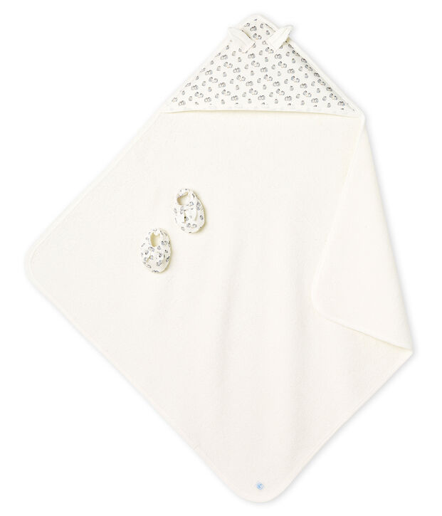 Cofanetto asciugamano quadrato da bagno e babbucce beb&egrave; in BE e a costine bianco/grigio/multicolore