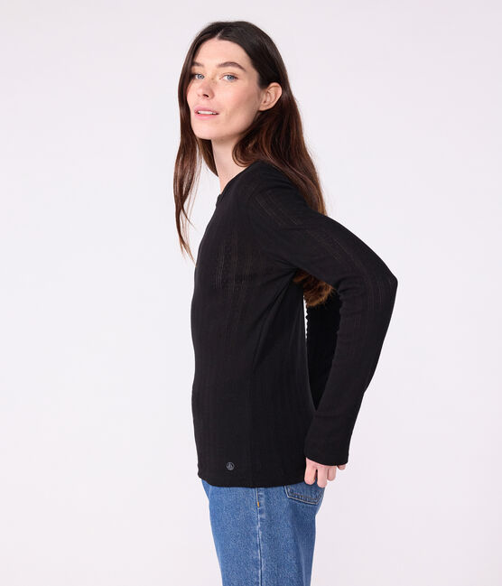 T-shirt L'Iconique a maniche lunghe in cotone traforato donna nero BLACK