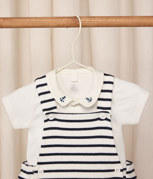 Set 2 pezzi in cotone a righe con dettagli ricamati neonato bianco/blu