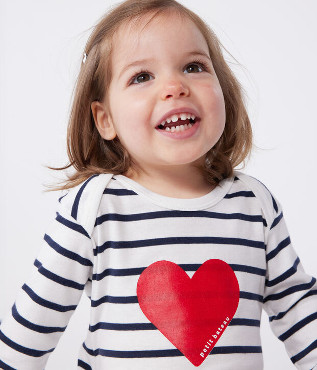 Pigiama in cotone con apertura senza automatici e cuore stampato neonato bianco/blu