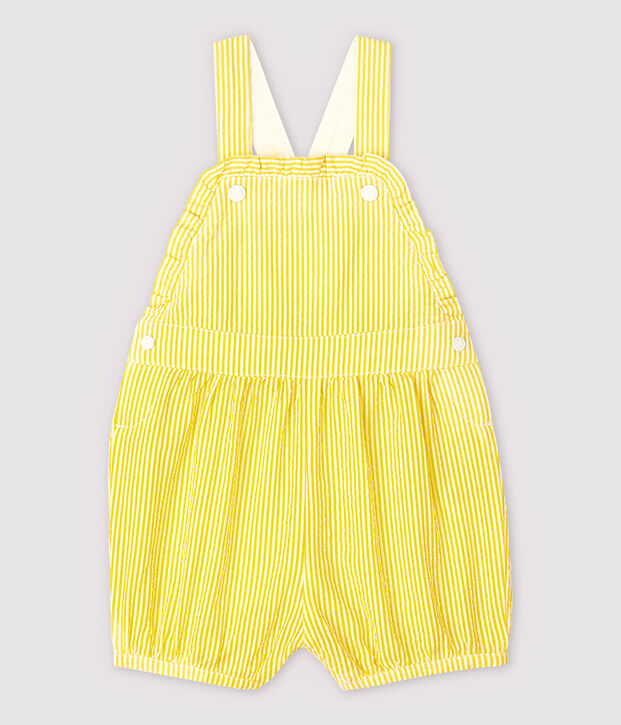 Salopette corta in seersucker a righe beb&egrave; femmina giallo/bianco