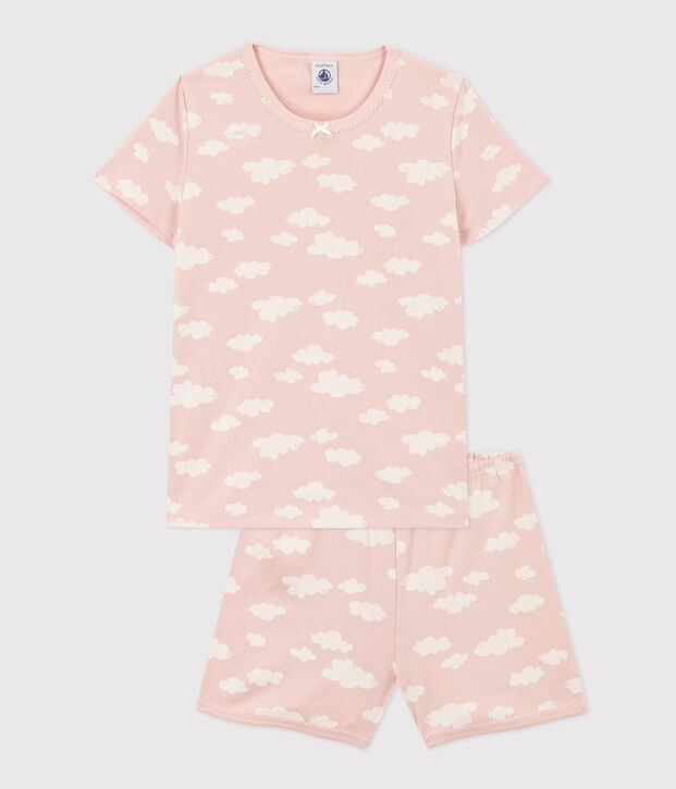 Pigiama corto nuvole bambina in cotone rosa/bianco