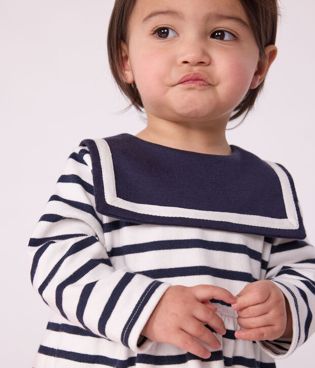 Abito a maniche lunghe in cotone spesso a righe neonato bianco/blu