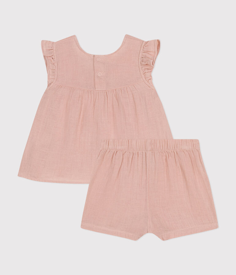 Completo blusa e shorts beb&egrave; in garza di cotone rosa