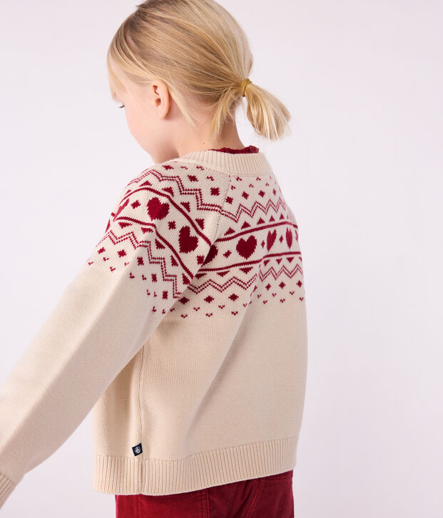 Cardigan in misto lana e cotone con motivo jacquard bambina ecru/rosso