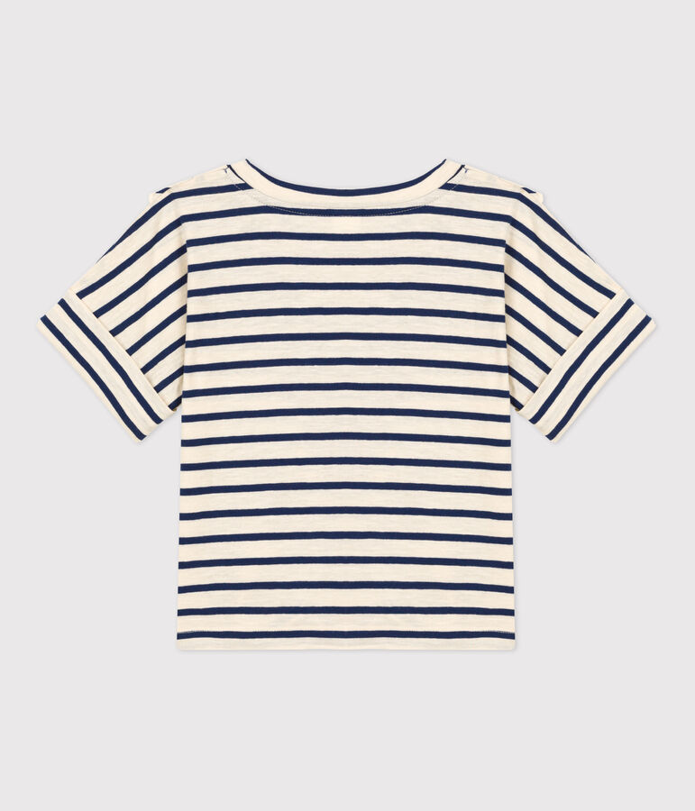 T-shirt a maniche corte in cotone bambina ecru/blu