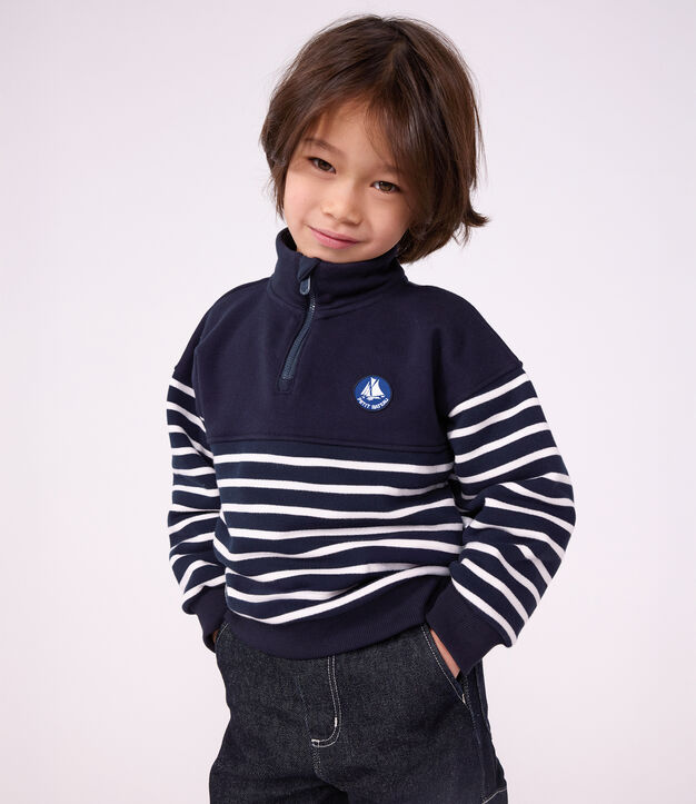 Felpa con mezza cerniera in cotone a righe bambino blu/bianco