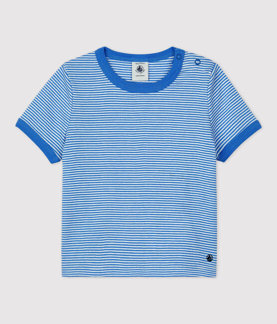T-shirt bebè a maniche corte millerighe in cotone biologico blu BRASIER/grigio MARSHMALLOW