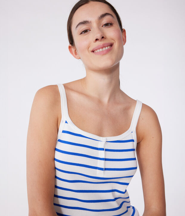 Pigiama corto in cotone a righe con spalline sottili donna bianco/blu