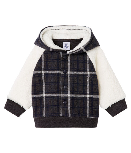 Felpa con cappuccio bebè maschio in maglia a scacchi e sherpa arricciato nero CITY/bianco MULTICO CN
