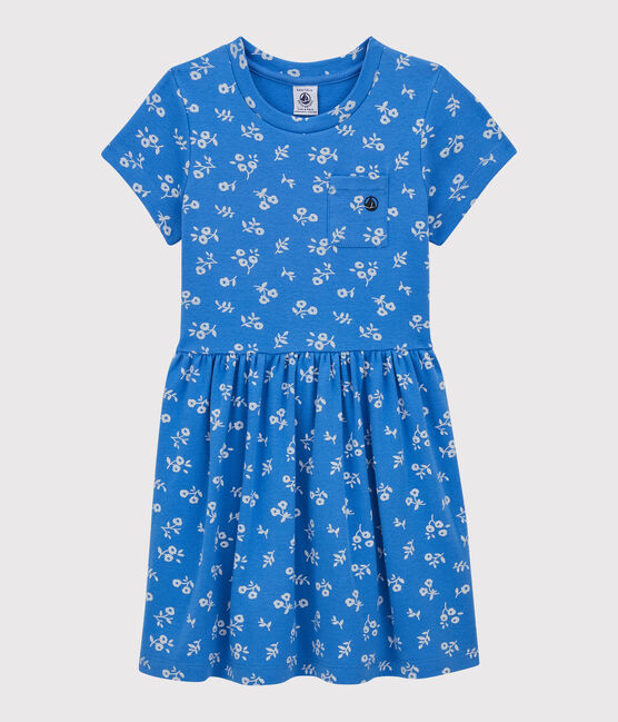Abito bambina a maniche corte in cotone blu BRASIER/grigio MARSHMALLOW