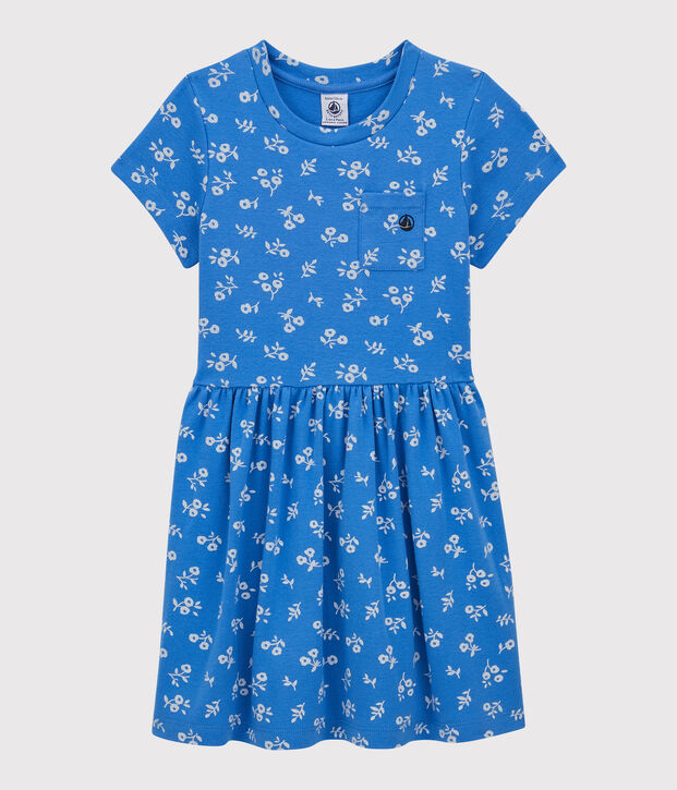 Abito bambina a maniche corte in cotone blu/bianco