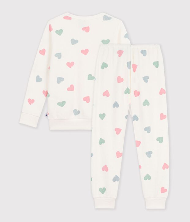 Pigiama in spugna di cotone a cuori bambina ecru/multicolore