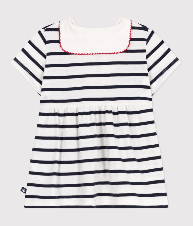 Abito a maniche corte con collo alla marinara in cotone a righe bianco/blu