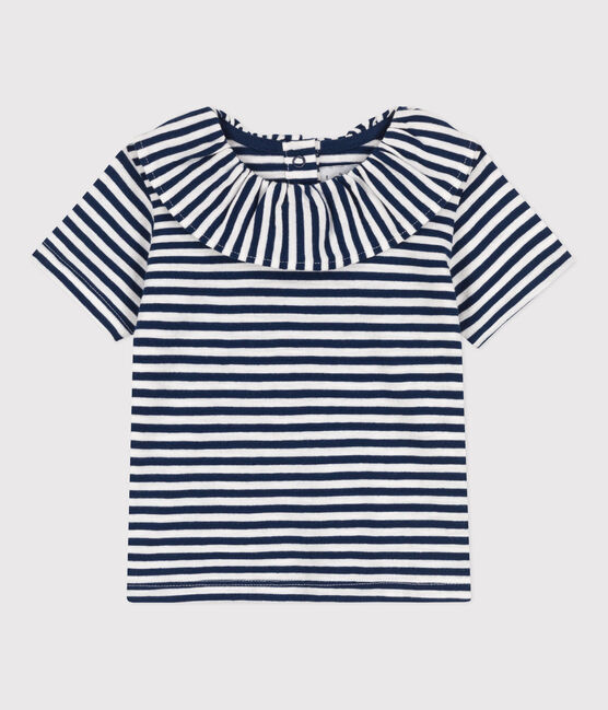 Blusa a maniche corte bebè in jersey fiammato a righe blu MEDIEVAL/bianco MARSHMALLOW