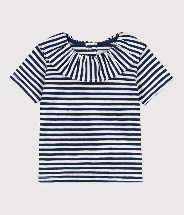 Blusa a maniche corte beb&egrave; in jersey fiammato a righe blu/bianco