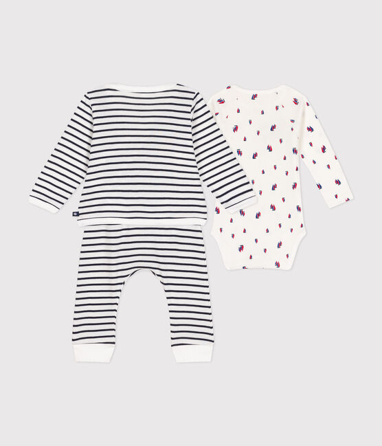 Set 3 pezzi in cotone neonato bianco MARSHMALLOW/blu SMOKING