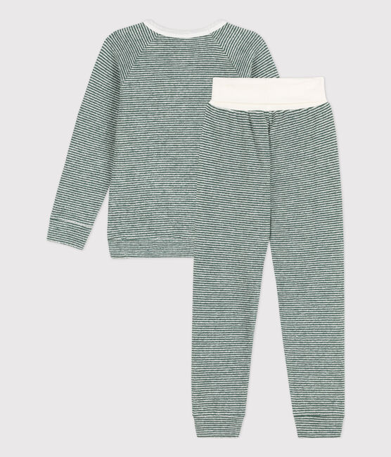 Pigiama millerighe bambina/bambino in spugna di cotone verde VALLEE/bianco MARSHMALLOW