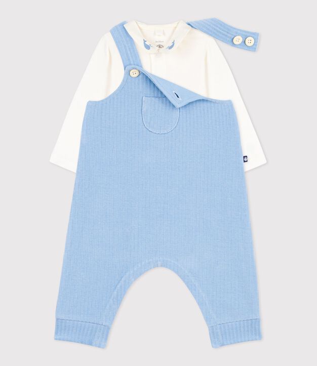Set salopette/body in cotone tinta unita con dettagli ricamati neonato blu/ecru