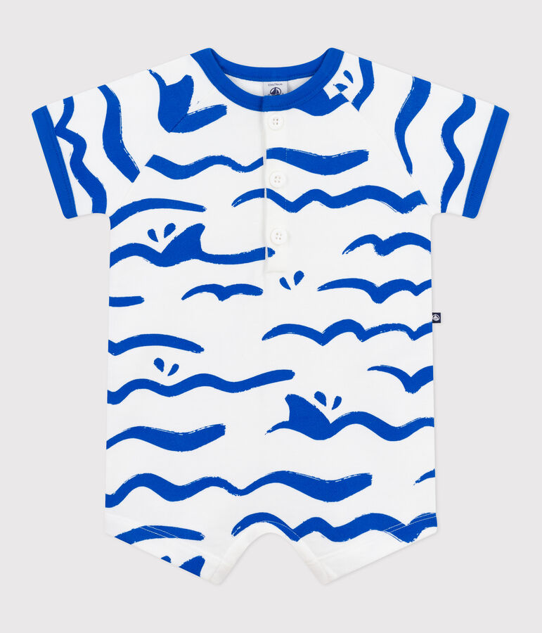 Tutina corta a maniche corte in cotone con squali stampati neonato bianco/blu