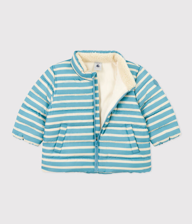 Piumino a righe con cappuccio ripiegabile per beb&egrave; blu/ecru