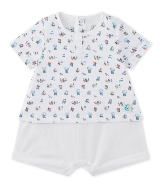 Tutina corta per beb&eacute; maschio doppio tessuto bianco/multicolore