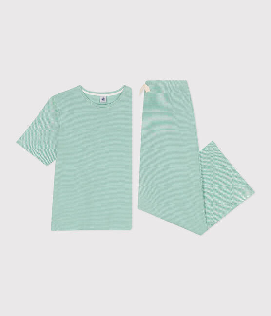 Pigiama in cotone a righe con gamba ampia donna verde ALOEVERA/bianco MARSHMALLOW