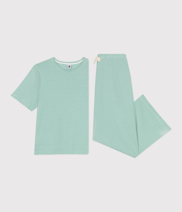 Pigiama in cotone a righe con gamba ampia donna verde/bianco