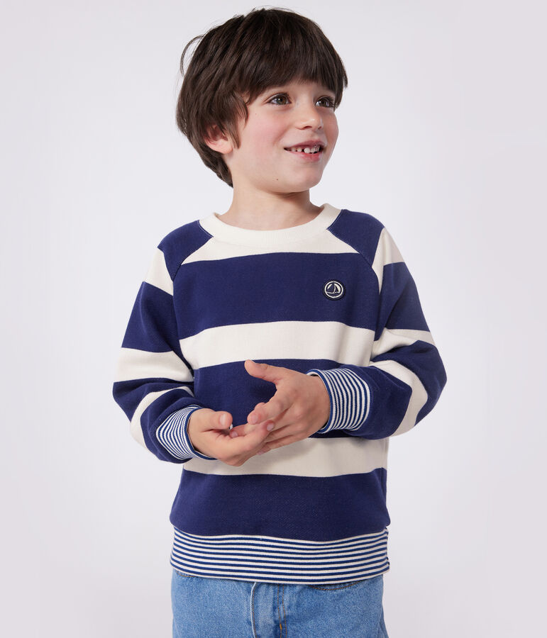 Felpa bambino unisex in cotone a righe blu/ecru