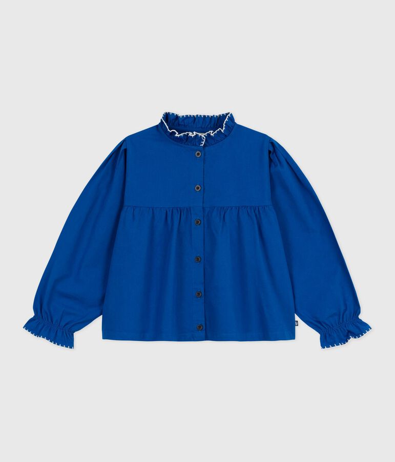 Blusa a maniche lunghe in twill di cotone tinta unita bambina blu