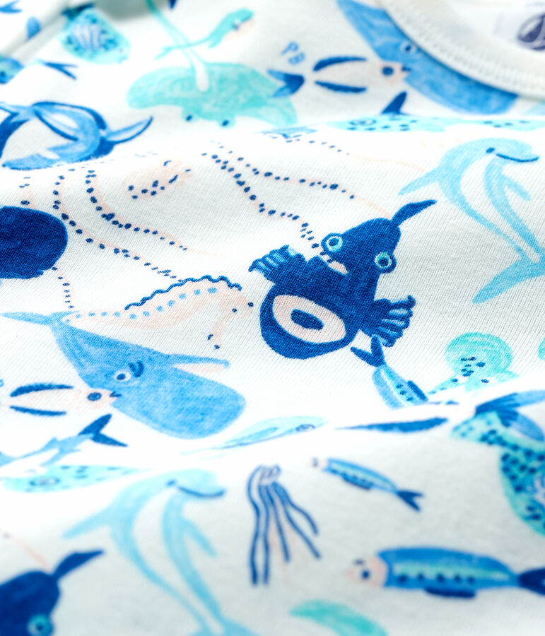 Tutina pigiama senza automatici fondali marini beb&egrave; in cotone bianco/multicolore
