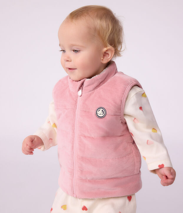 Piumino senza maniche in velluto e sherpa double face neonato rosa/ecru