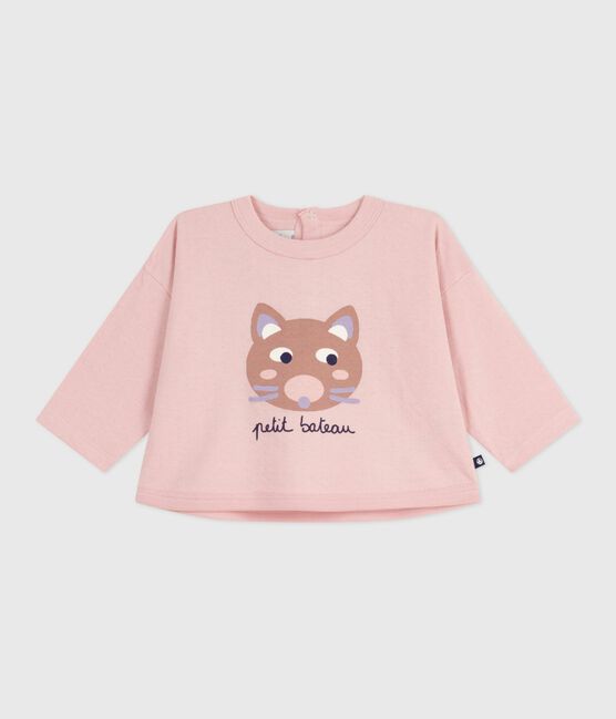 T-shirt a maniche lunghe in cotone con gatto decorativo neonata rosa JOLI