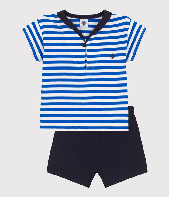 Completo neonato 2 pezzi in cotone con T-shirt con colletto alla marinara blu PORCELANA/ SMOKING