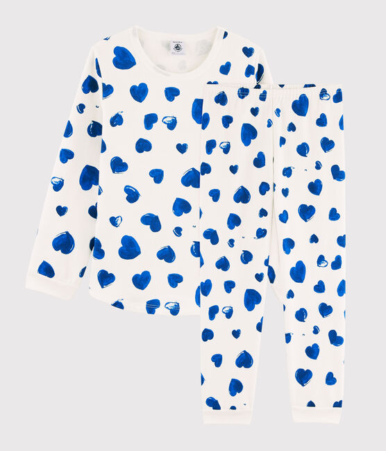 Pigiama cuori blu da bambina in molleton bianco MARSHMALLOW/blu BLEU