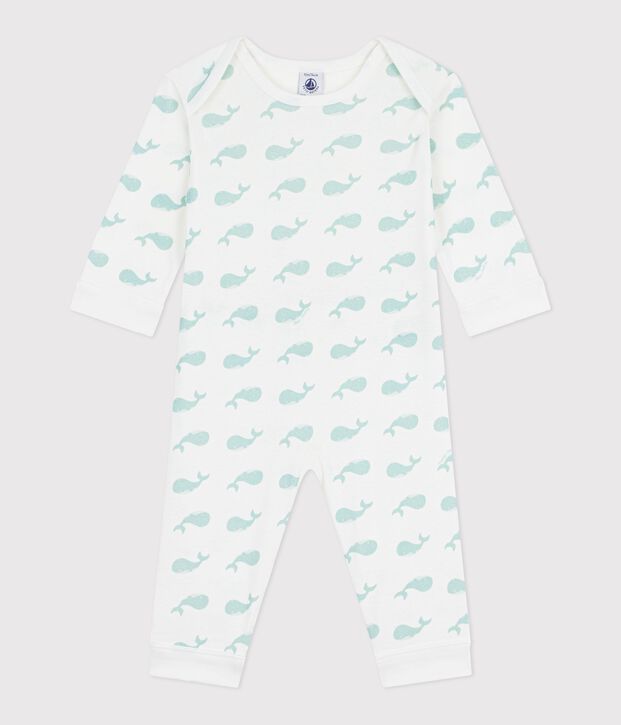 Pigiama senza piedi in cotone con balene stampate neonato bianco/blu