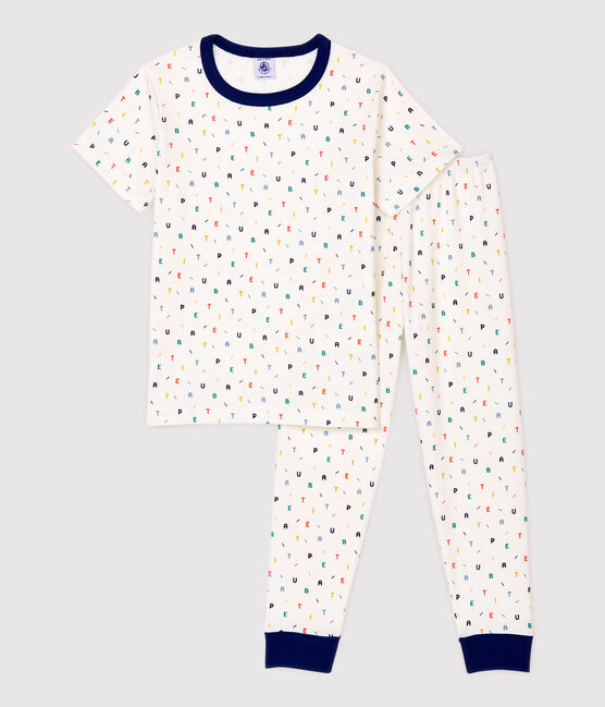 Pigiama bambino a maniche corte con lettere multicolori in cotone biologico bianco MARSHMALLOW/bianco MULTICO