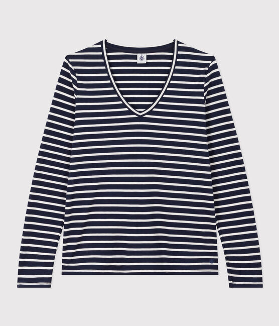 T-shirt LE DROIT scollo a V in cotone Donna blu SMOKING/bianco MARSHMALLOW