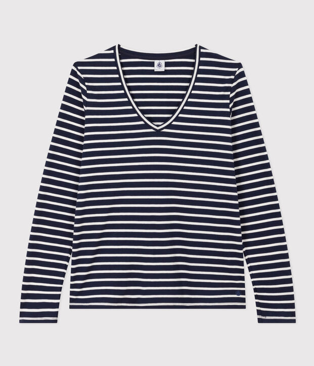 T-shirt LE DROIT scollo a V in cotone Donna blu/bianco